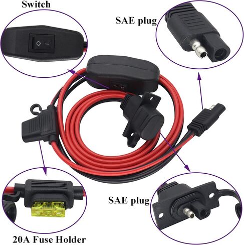 12AWG SAE Power Outlet Sidewall Port Adapter Cable with 20A Fuse,SAE Weatherproof Solar Panel Mount Flush Mount Connector Cable for Motorcycle Cars,Camp Trailer Solar Panels.(0.3M/2Pack) in Kuwait