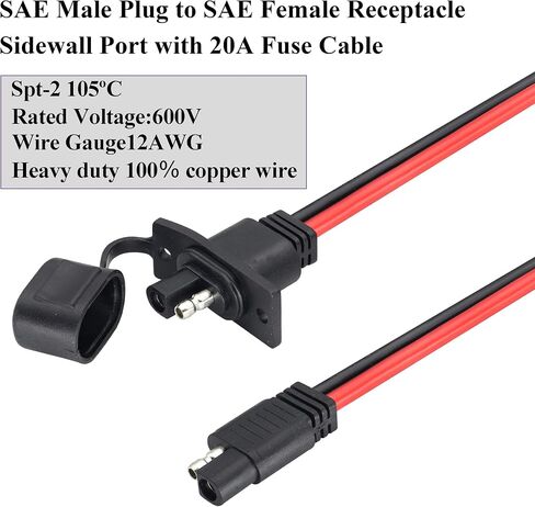 12AWG SAE Power Outlet Sidewall Port Adapter Cable with 20A Fuse,SAE Weatherproof Solar Panel Mount Flush Mount Connector Cable for Motorcycle Cars,Camp Trailer Solar Panels.(0.3M/2Pack) in Kuwait