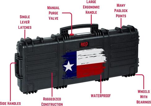 RED by EXPLORER Hard Rifle Case, Waterproof AR Case with Double Egg Foam Layers and US Flag Print Lid, 37" long, Black, Made in Italy in Saudi Arabia
