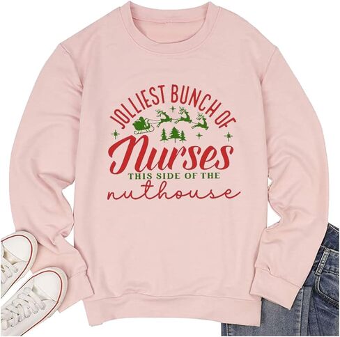 TSIIUO Women's Jolliest Bunch of Nurses Sweatshirt Cute Registered Nurse Christmas Tee Nursing Casual Long Sleeve Tops in Kuwait