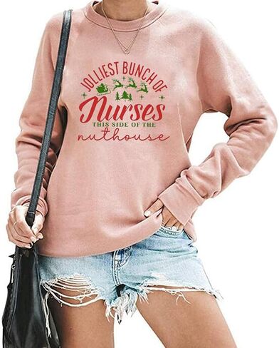 TSIIUO Women's Jolliest Bunch of Nurses Sweatshirt Cute Registered Nurse Christmas Tee Nursing Casual Long Sleeve Tops in Kuwait