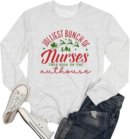 TSIIUO Women's Jolliest Bunch of Nurses Sweatshirt Cute Registered Nurse Christmas Tee Nursing Casual Long Sleeve Tops in Kuwait