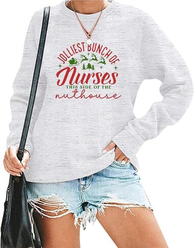 TSIIUO Women's Jolliest Bunch of Nurses Sweatshirt Cute Registered Nurse Christmas Tee Nursing Casual Long Sleeve Tops in Kuwait