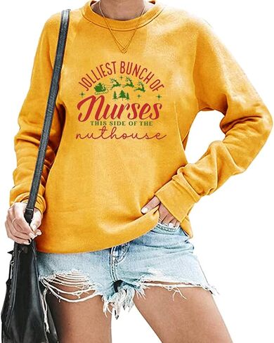 TSIIUO Women's Jolliest Bunch of Nurses Sweatshirt Cute Registered Nurse Christmas Tee Nursing Casual Long Sleeve Tops in Kuwait