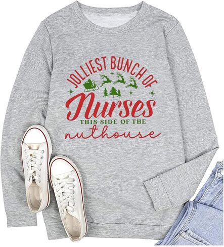 TSIIUO Women's Jolliest Bunch of Nurses Sweatshirt Cute Registered Nurse Christmas Tee Nursing Casual Long Sleeve Tops in Kuwait