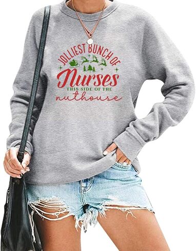 TSIIUO Women's Jolliest Bunch of Nurses Sweatshirt Cute Registered Nurse Christmas Tee Nursing Casual Long Sleeve Tops in Kuwait