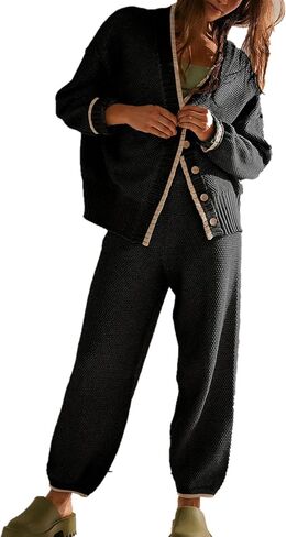 Women's 2 Piece Outfits Casual Sweater Set Knit Cardigan and Pants Tracksuit Lounge Sets in Saudi Arabia