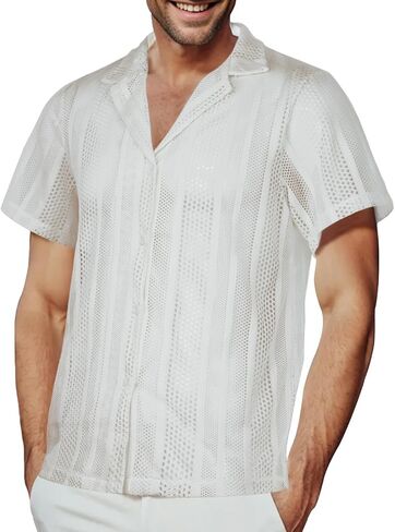 Panegy Men's Sheer Top Disco Rave Festival Outfits Rock Bands Nightclub Party Tee Shirts Blouse 70s Streetwear in Kuwait