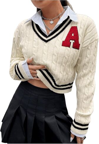 GORGLITTER Women's Letter Flocking Striped Trim Crop Sweater Long Sleeve V Neck Cable Knit Tops in Saudi Arabia