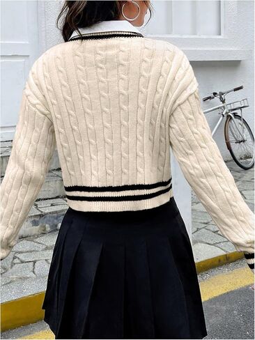 GORGLITTER Women's Letter Flocking Striped Trim Crop Sweater Long Sleeve V Neck Cable Knit Tops in Saudi Arabia