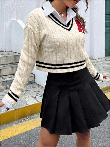 GORGLITTER Women's Letter Flocking Striped Trim Crop Sweater Long Sleeve V Neck Cable Knit Tops in Saudi Arabia