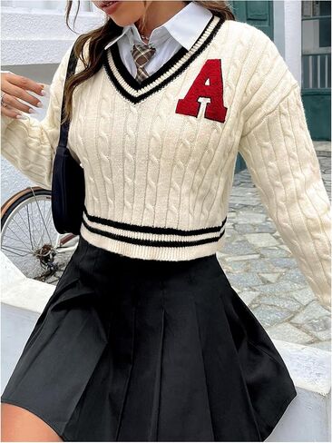 GORGLITTER Women's Letter Flocking Striped Trim Crop Sweater Long Sleeve V Neck Cable Knit Tops in Saudi Arabia