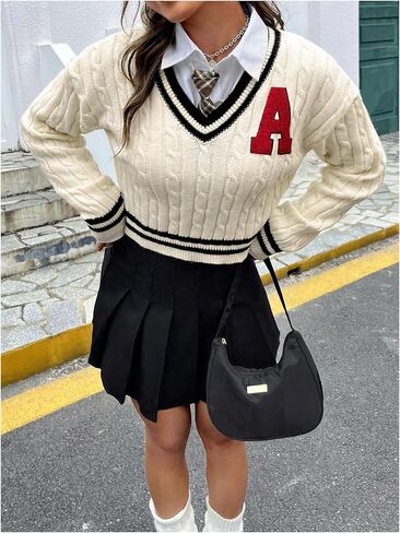 GORGLITTER Women's Letter Flocking Striped Trim Crop Sweater Long Sleeve V Neck Cable Knit Tops in Saudi Arabia