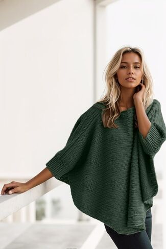 سترة نسائية كبيرة الحجم 2024 بأكمام تشبه جناح الخفّاش سترات غير رسمية برقبة قارب وافل متماسكة بحاشية مقسمة بلوفر علوي in Kuwait