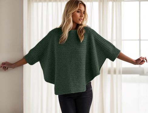 سترة نسائية كبيرة الحجم 2024 بأكمام تشبه جناح الخفّاش سترات غير رسمية برقبة قارب وافل متماسكة بحاشية مقسمة بلوفر علوي in Kuwait