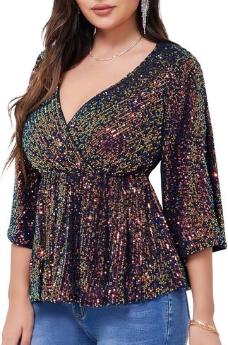 WULFUL Women's Sequin Tops Sparkly V-Neck Split 3/4 Sleeve Wrap Peplum Top Party Club Night Out Disco Cocktail Shirts in Saudi Arabia