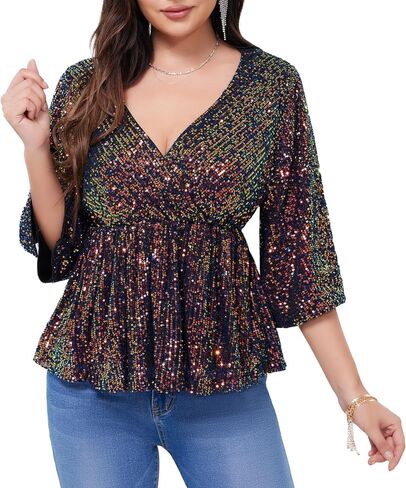 WULFUL Women's Sequin Tops Sparkly V-Neck Split 3/4 Sleeve Wrap Peplum Top Party Club Night Out Disco Cocktail Shirts in Saudi Arabia