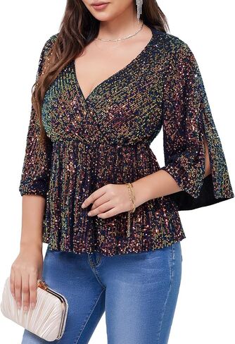 WULFUL Women's Sequin Tops Sparkly V-Neck Split 3/4 Sleeve Wrap Peplum Top Party Club Night Out Disco Cocktail Shirts in Saudi Arabia