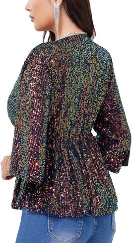 WULFUL Women's Sequin Tops Sparkly V-Neck Split 3/4 Sleeve Wrap Peplum Top Party Club Night Out Disco Cocktail Shirts in Saudi Arabia