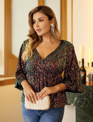 WULFUL Women's Sequin Tops Sparkly V-Neck Split 3/4 Sleeve Wrap Peplum Top Party Club Night Out Disco Cocktail Shirts in Saudi Arabia