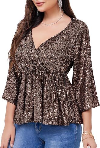 WULFUL Women's Sequin Tops Sparkly V-Neck Split 3/4 Sleeve Wrap Peplum Top Party Club Night Out Disco Cocktail Shirts in Saudi Arabia