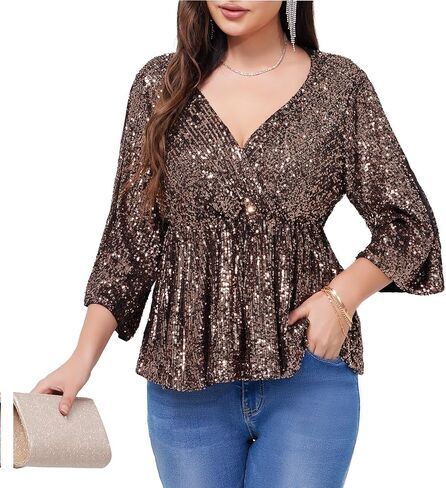 WULFUL Women's Sequin Tops Sparkly V-Neck Split 3/4 Sleeve Wrap Peplum Top Party Club Night Out Disco Cocktail Shirts in Saudi Arabia