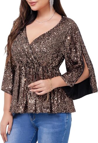WULFUL Women's Sequin Tops Sparkly V-Neck Split 3/4 Sleeve Wrap Peplum Top Party Club Night Out Disco Cocktail Shirts in Saudi Arabia