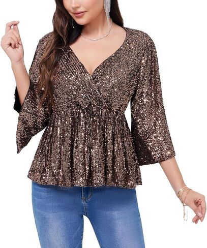 WULFUL Women's Sequin Tops Sparkly V-Neck Split 3/4 Sleeve Wrap Peplum Top Party Club Night Out Disco Cocktail Shirts in Saudi Arabia