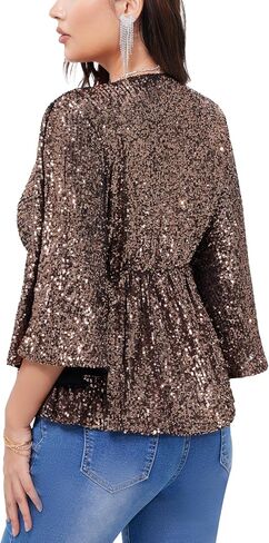 WULFUL Women's Sequin Tops Sparkly V-Neck Split 3/4 Sleeve Wrap Peplum Top Party Club Night Out Disco Cocktail Shirts in Saudi Arabia