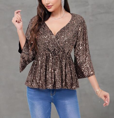 WULFUL Women's Sequin Tops Sparkly V-Neck Split 3/4 Sleeve Wrap Peplum Top Party Club Night Out Disco Cocktail Shirts in Saudi Arabia