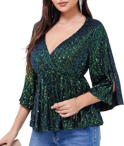 WULFUL Women's Sequin Tops Sparkly V-Neck Split 3/4 Sleeve Wrap Peplum Top Party Club Night Out Disco Cocktail Shirts in Saudi Arabia