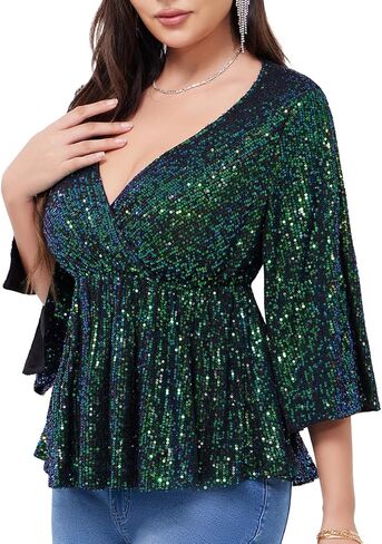 WULFUL Women's Sequin Tops Sparkly V-Neck Split 3/4 Sleeve Wrap Peplum Top Party Club Night Out Disco Cocktail Shirts in Saudi Arabia