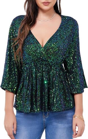 WULFUL Women's Sequin Tops Sparkly V-Neck Split 3/4 Sleeve Wrap Peplum Top Party Club Night Out Disco Cocktail Shirts in Saudi Arabia