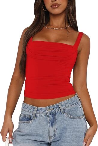 قطع علوية نسائية مكشكشة بدون أكمام ورقبة مربعة بدون ظهر للخروج، قطع علوية ضيقة ضيقة Y2K، قطع علوية قصيرة لطيفة in Kuwait