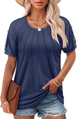 Angerella Womens Pleated Casual Summer Tops Short Sleeve Round Neck Shirts S-3XL in Kuwait