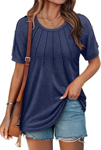 Angerella Womens Pleated Casual Summer Tops Short Sleeve Round Neck Shirts S-3XL in Kuwait
