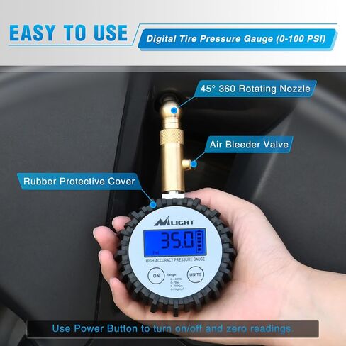 Nilight Digital Tire Pressure Gauge 100PSI Heavy Duty Stainless Steel Air Pressure Chucks ANSI 2A Certified Large Dial Wheel Service Checker for Truck Semi Truck ATV Motorhome Cars & RV Accessories in Saudi Arabia