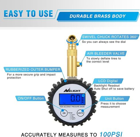 Nilight Digital Tire Pressure Gauge 100PSI Heavy Duty Stainless Steel Air Pressure Chucks ANSI 2A Certified Large Dial Wheel Service Checker for Truck Semi Truck ATV Motorhome Cars & RV Accessories in Saudi Arabia