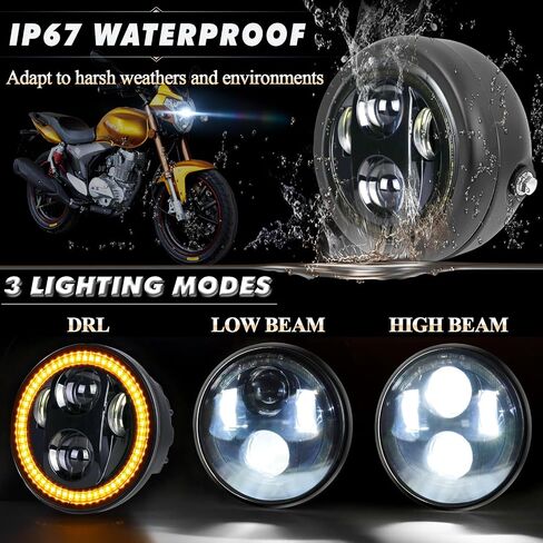 5-3/4 5.75" LED Motorcycle Headlight with Housing Bucket Smoke Halo Amber DRL Compatible with Shadow Buell Blast Cafe Racer Cruiser Motorbikes in Kuwait