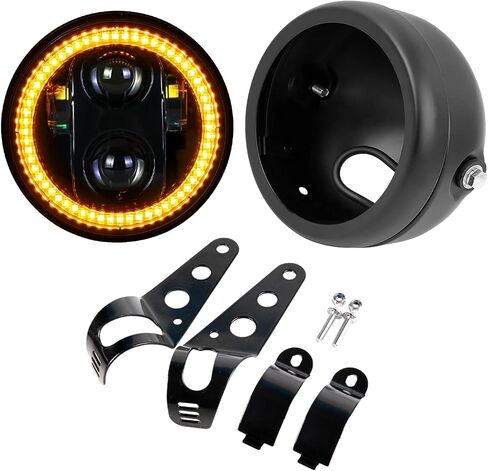5-3/4 5.75" LED Motorcycle Headlight with Housing Bucket Smoke Halo Amber DRL Compatible with Shadow Buell Blast Cafe Racer Cruiser Motorbikes in Kuwait