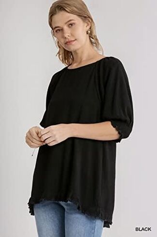 Umgee Women's Frayed Balloon Sleeve Tunic Top in Kuwait