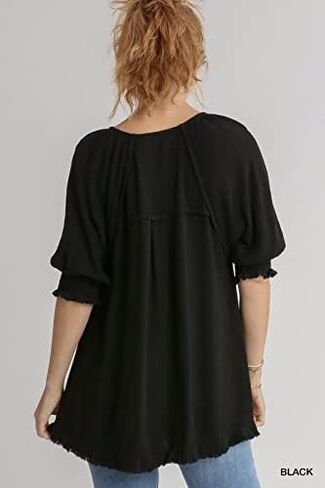 Umgee Women's Frayed Balloon Sleeve Tunic Top in Kuwait