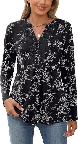 AKEWEI Womens Long Sleeve Tunic Tops Casual Pleated Henley Shirt Lace Crochet V-Neck Button Down Blouse in Saudi Arabia