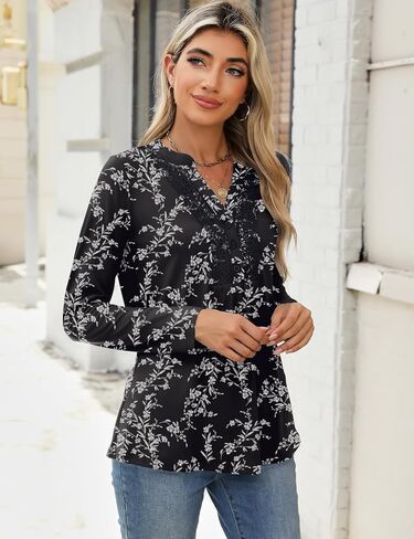 AKEWEI Womens Long Sleeve Tunic Tops Casual Pleated Henley Shirt Lace Crochet V-Neck Button Down Blouse in Saudi Arabia