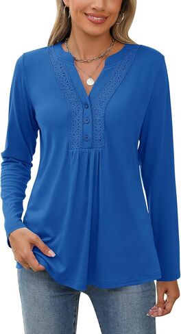 AKEWEI Womens Long Sleeve Tunic Tops Casual Pleated Henley Shirt Lace Crochet V-Neck Button Down Blouse in Saudi Arabia