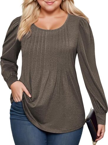 ROSRISS Womens Plus-Size Tops Puff Long Sleeve T Shirts Dressy Flowy Pleated Tunics Cute Casual Crew Neck Blouses XL-5XL in Kuwait