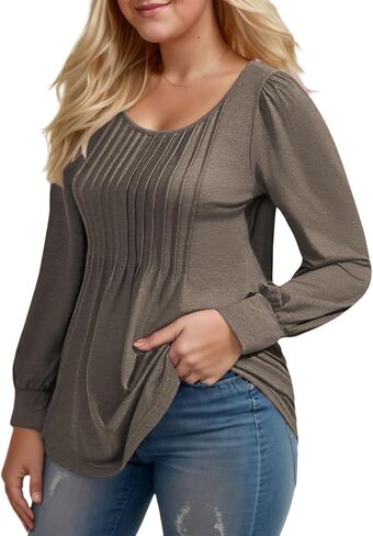 ROSRISS Womens Plus-Size Tops Puff Long Sleeve T Shirts Dressy Flowy Pleated Tunics Cute Casual Crew Neck Blouses XL-5XL in Kuwait