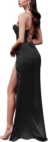 RARITYUS Women's Sexy Corset Maxi Dress Satin Spaghetti Strap Slit Bodycon Backless Long Dresses for Party Evening Gown in Saudi Arabia