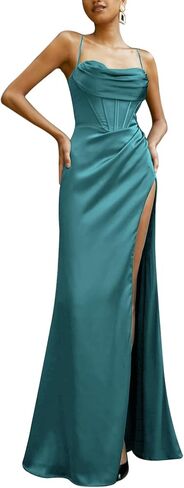 RARITYUS Women's Sexy Corset Maxi Dress Satin Spaghetti Strap Slit Bodycon Backless Long Dresses for Party Evening Gown in Saudi Arabia