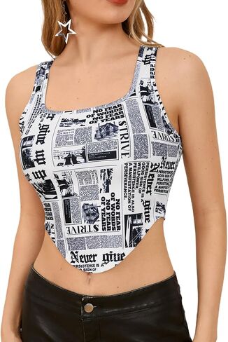 MakeMeChic Women's Summer Newspaper Print Square Neck Work Out Tank Crop Top Sleeveless Asymmetrical Camisole in Saudi Arabia